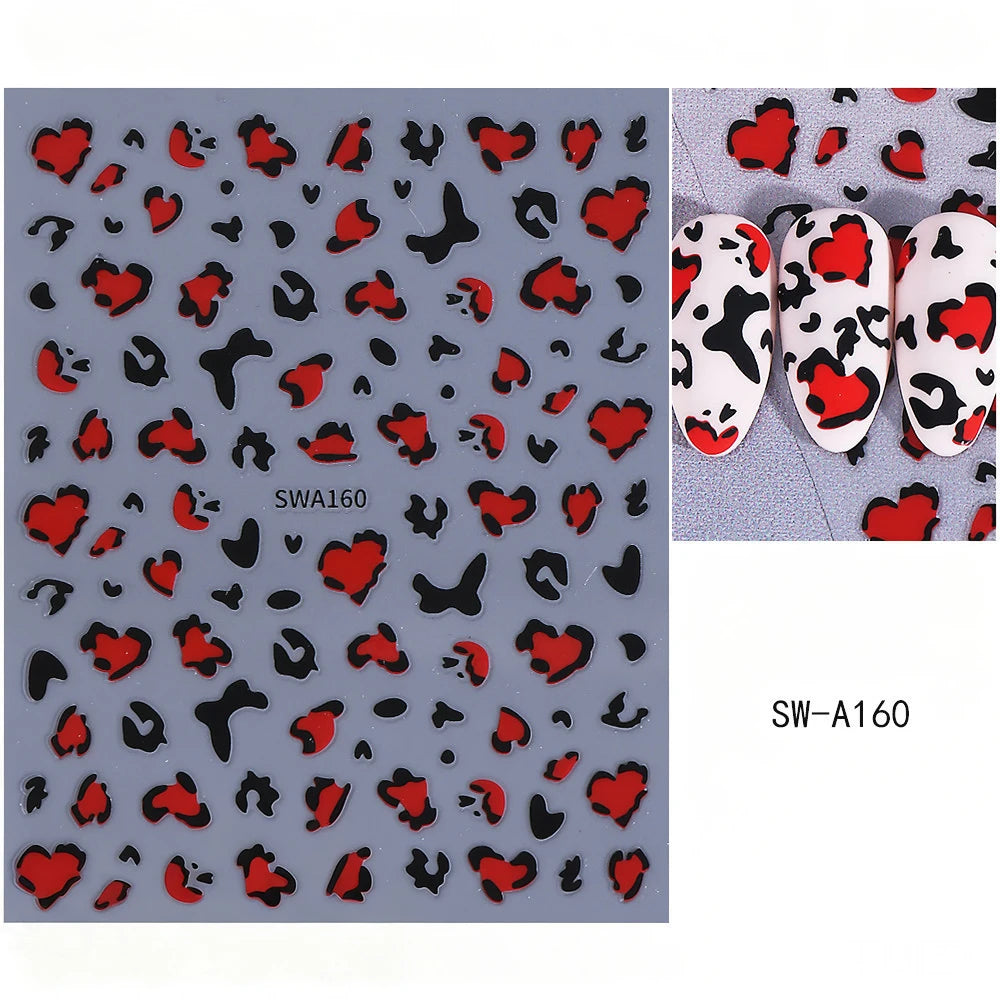 Retro Leopard Heart Glitter Nail Art Stickers | French Design