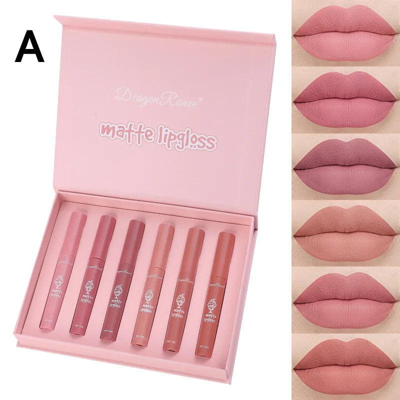 Dragon Ranee 6-Color Velvet Matte Lip Gloss Set | Long-Lasting Matte Lip Gloss Set PRIMED A