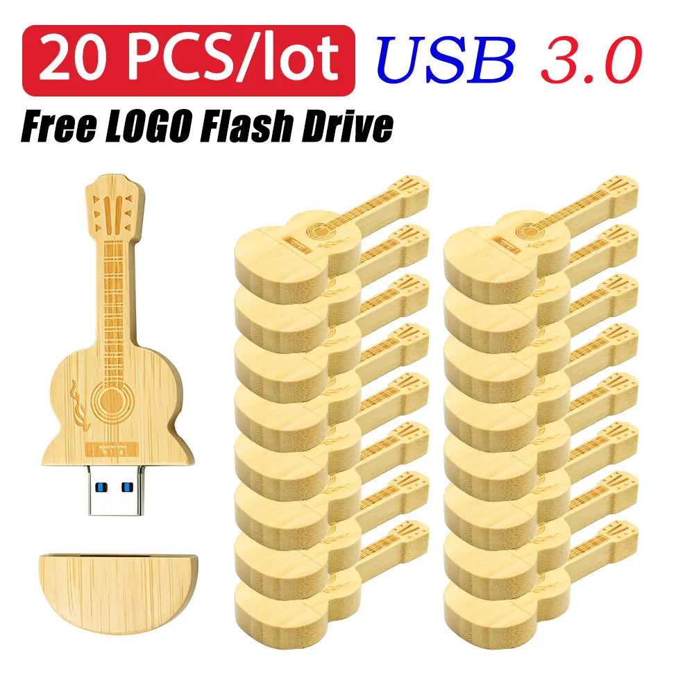 20-Pack Guitar Wooden USB Flash Drives – Custom Logo Engraved Custom USB Flash Drive PRIMED 128 GB Bamboo