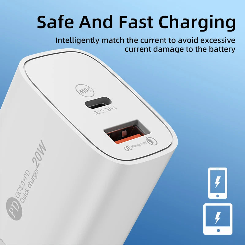 PD 20W Dual Port USB-C & USB-A Fast Wall Charger QC3.0 Wall Charger Adapter PRIMED