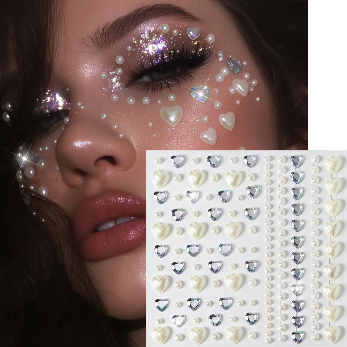 Heart Pearl Face Gem Stickers – Rhinestone & Diamond Decals Face Gem Stickers PRIMED