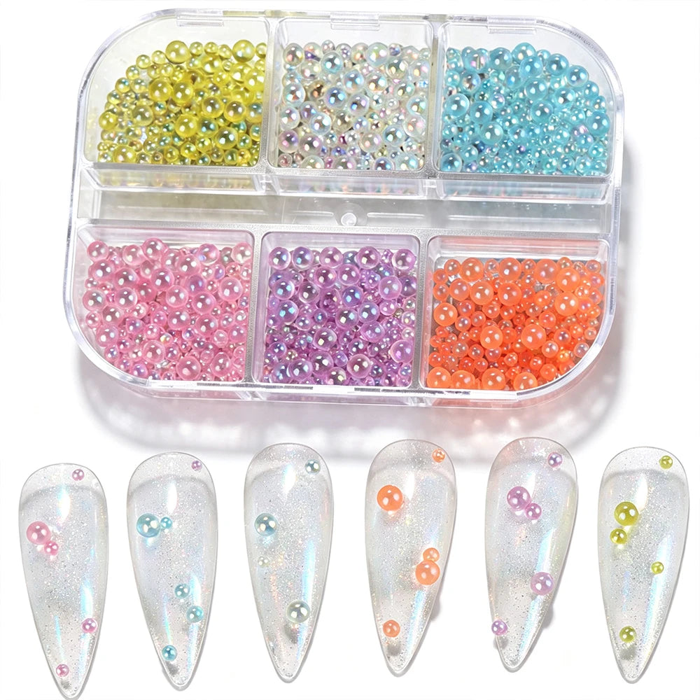 Aurora Iridescent Bubble Beads Nail Charms – 6-Grid Glass Set Nail Art Charms PRIMED