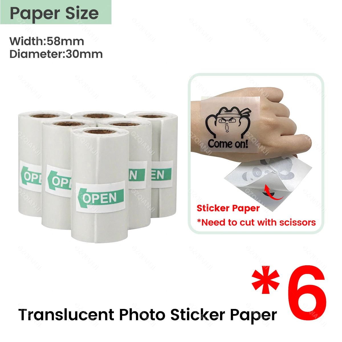 Translucent 58mm Thermal Sticker Paper Rolls 57x30mm | Mini Printer Thermal Sticker Paper PRIMED 6Rolls Trans Sticker