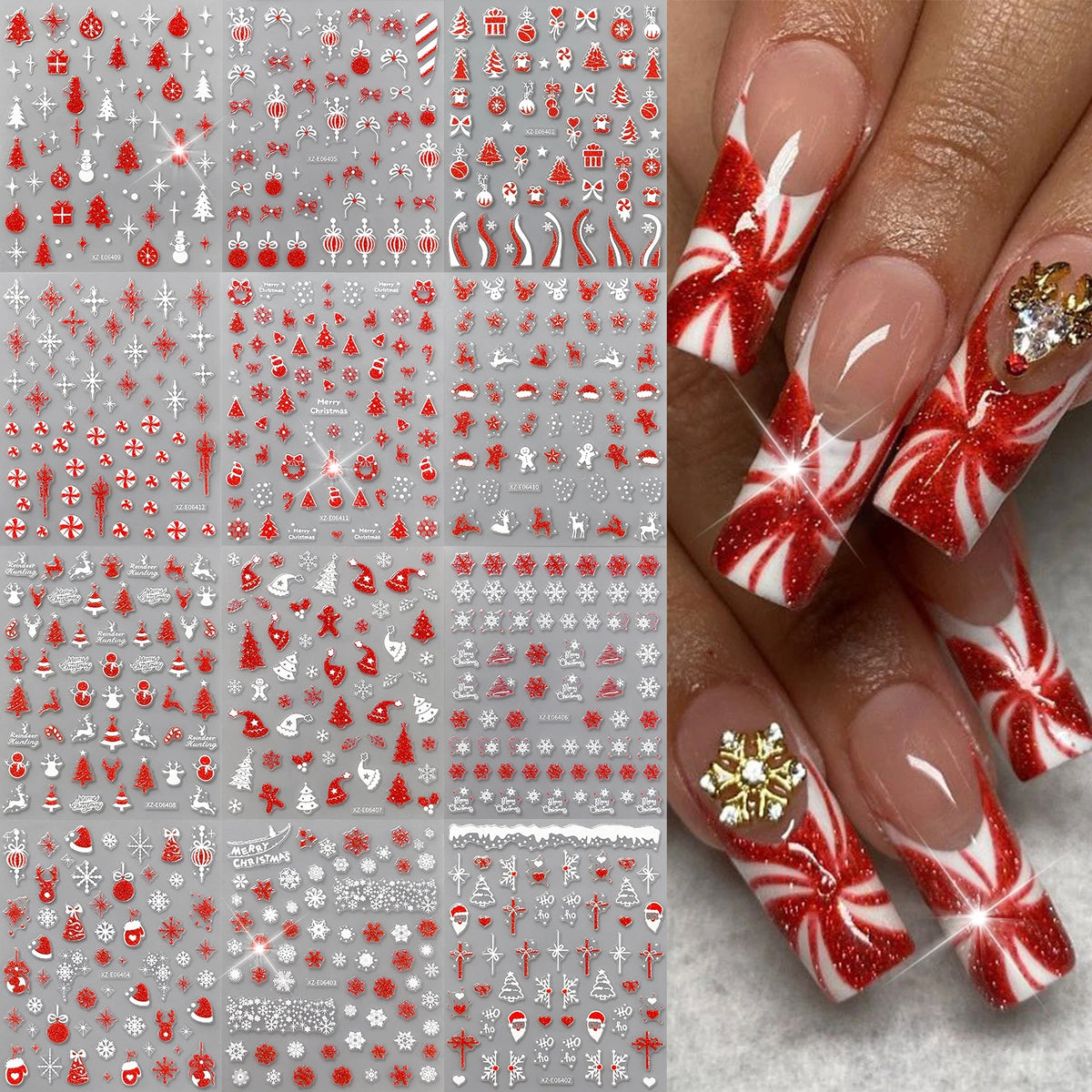 12Pcs Christmas Glitter Nail Art Stickers | Festive Decals Nail Art Stickers PRIMED