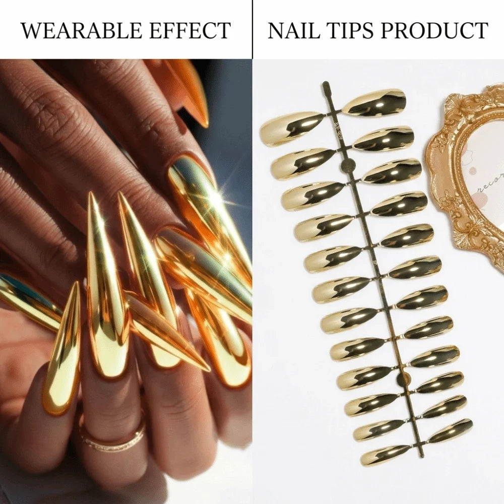 Gold Almond Press-On Nails Mirror Finish Y2K 24pc Set