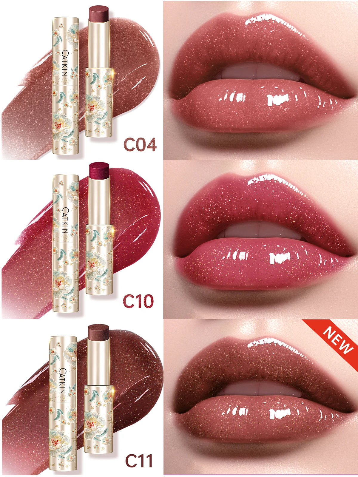 CATKIN 3PCS Glossy Lip Balm Set | Mirror Shine 12H Hydration Lip Balm Set PRIMED C04 C10 C11