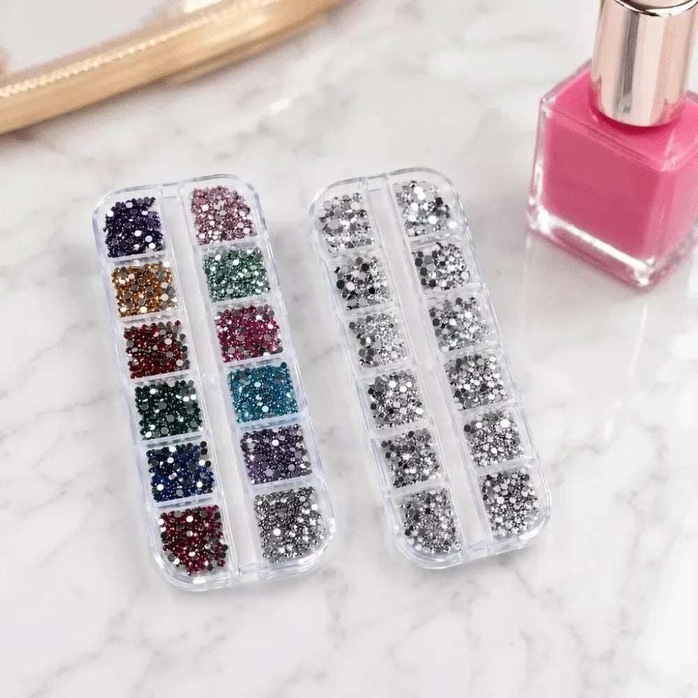 12-Grid Nail Rhinestone Charms – Flatback Crystal Gems Set Nail Art Rhinestones PRIMED