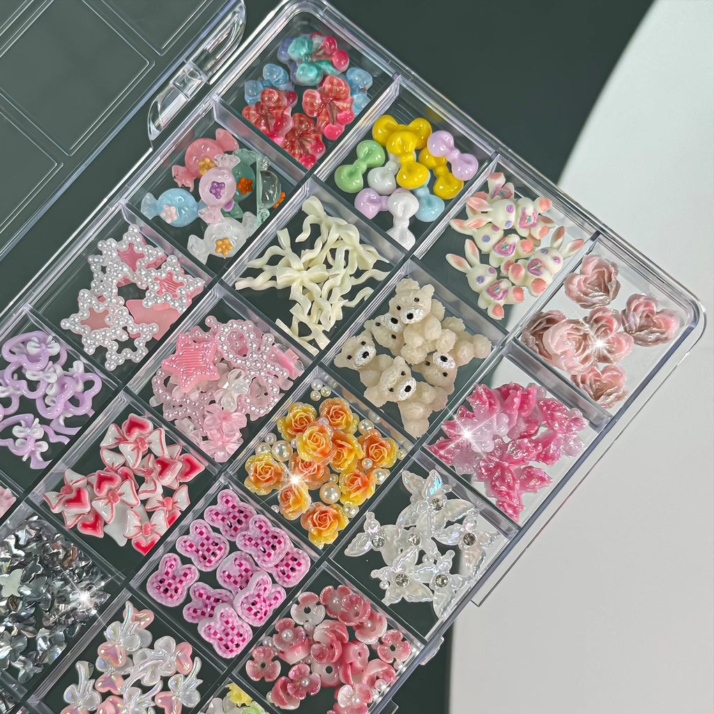 3D Nail Art Charms Box 24 Grids – Sunflowers, Bows & Hearts Nail Art Charms PRIMED