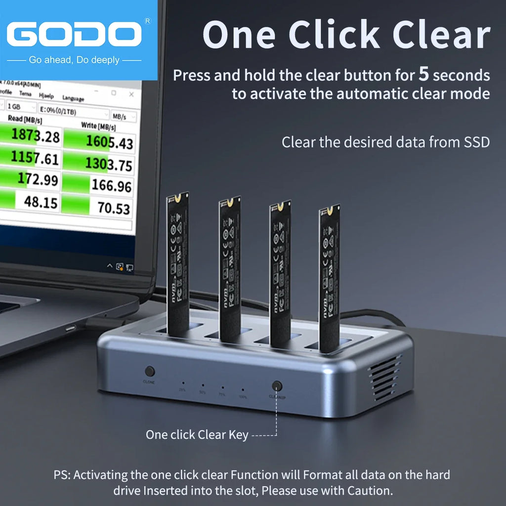 GODO 4-Bay M.2 NVMe SSD Enclosure with Offline Clone Type-C NVMe SSD Docking Station PRIMED