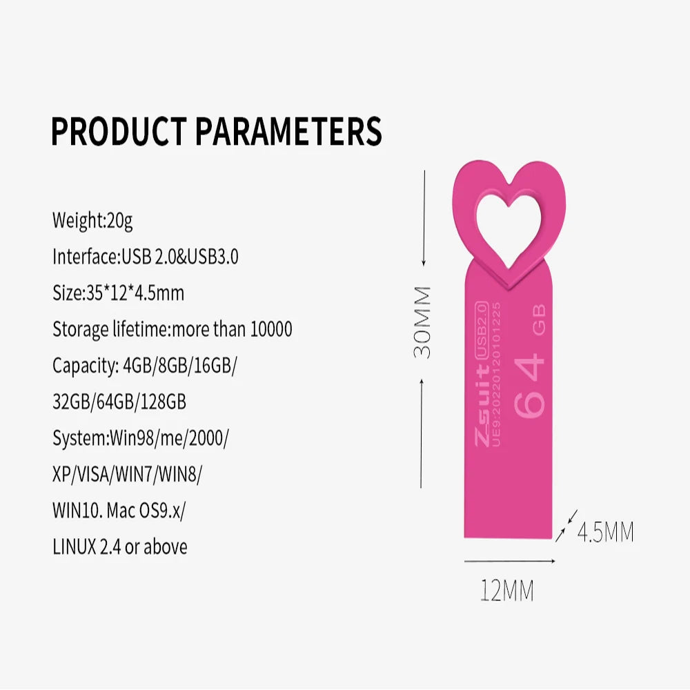 10-Pack Heart-Shaped Metal USB Flash Drives 4GB–32GB Waterproof USB Flash Drive PRIMED