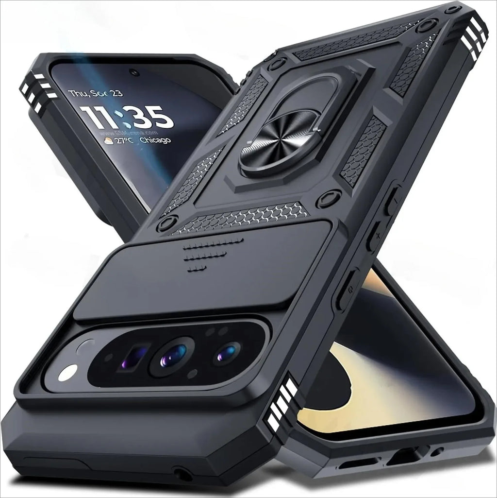 Military Armor Pixel Case – Slide Lens Cover & Ring Stand Armor Phone Case PRIMED