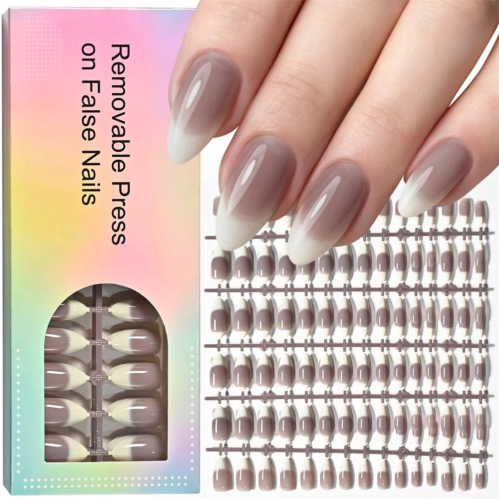 150Pcs Almond Press On Nails – Nude Brown Ombre French Tip