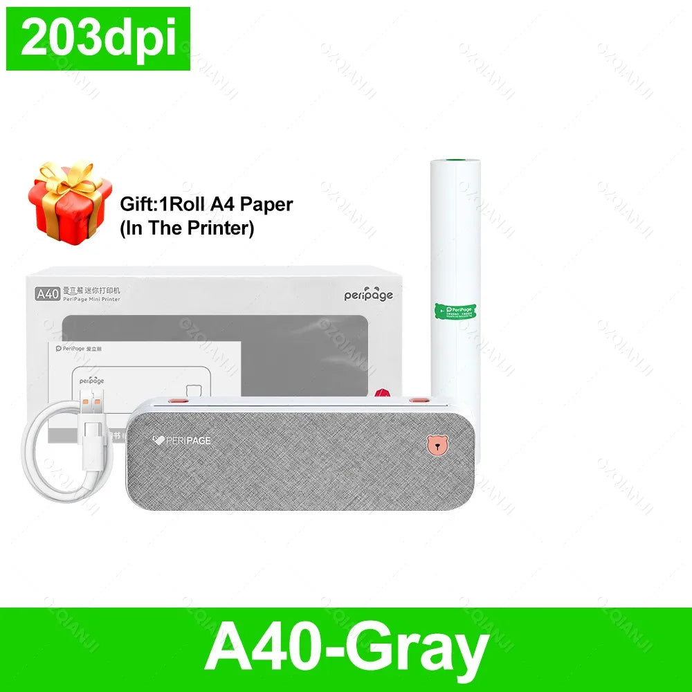 PeriPage A40 Portable Wireless Thermal A4 Printer Bluetooth Portable Thermal Printer PRIMED 203Gray Printer