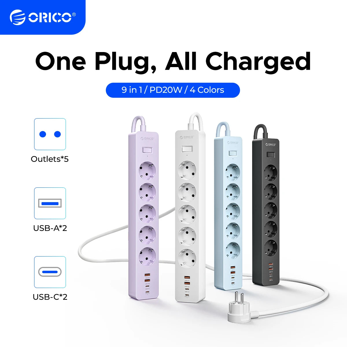 ORICO EU Power Strip 5 Outlets PD 20W USB-C Fast Charger 3M Cord Power Strip Charger PRIMED