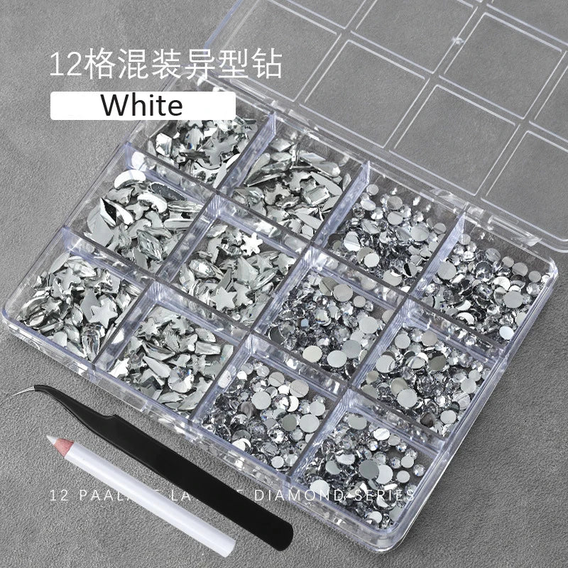 3D Crystal Nail Rhinestones Kit – 12 Shapes, Gems & Tweezer Nail Rhinestone Kit PRIMED ZB148-1