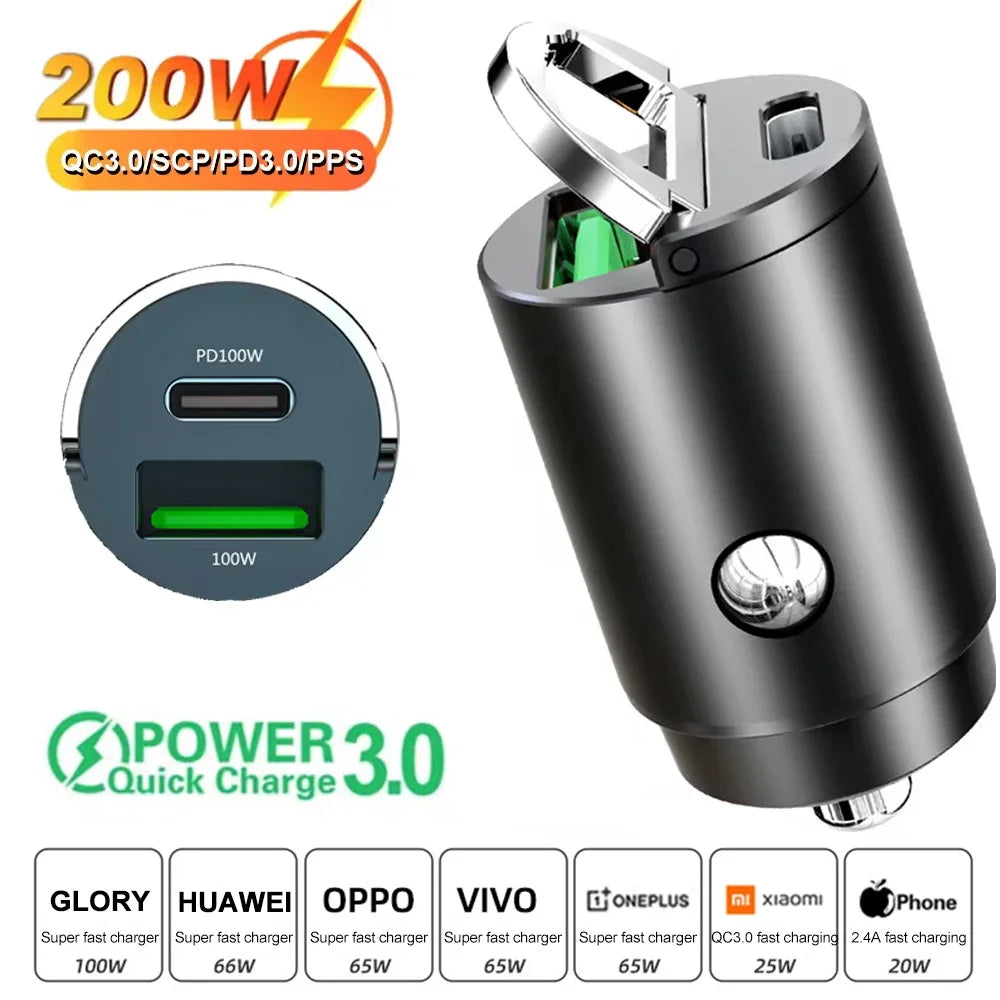Mini 200W Car Charger PD QC Fast Charging – Multi-Device Car Phone Charger PRIMED 200W PD QC