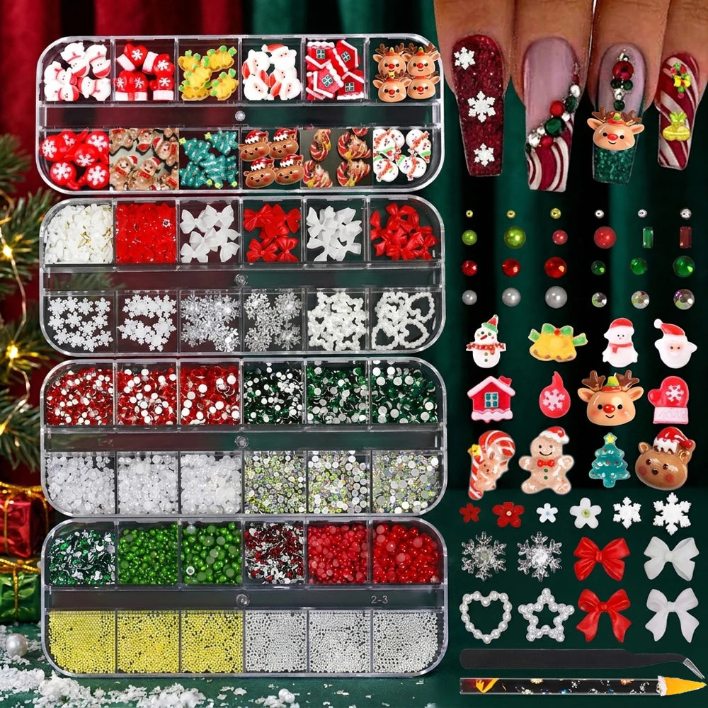 Christmas Nail Charms 4-Box Set – Santa, Snowflake & Caviar Beads Nail Art Charms PRIMED