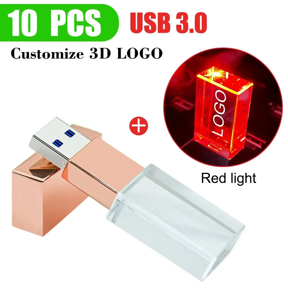 10-Pack Crystal 3D USB 3.0 Flash Drives | Free Engraved Logo USB Flash Drive PRIMED 8GBx10pcs rose gold- red led
