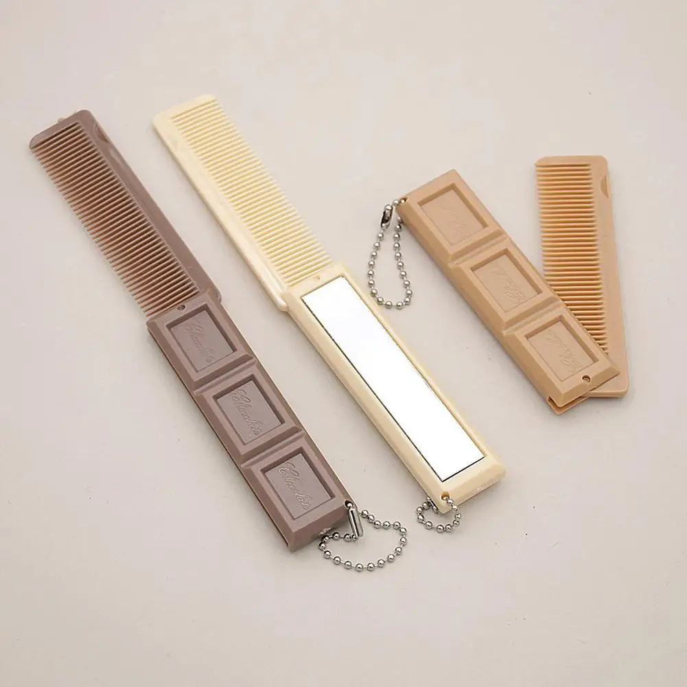 2-in-1 Folding Chocolate Comb with Mirror – Portable Travel Hair Tool Folding Travel Comb PRIMED