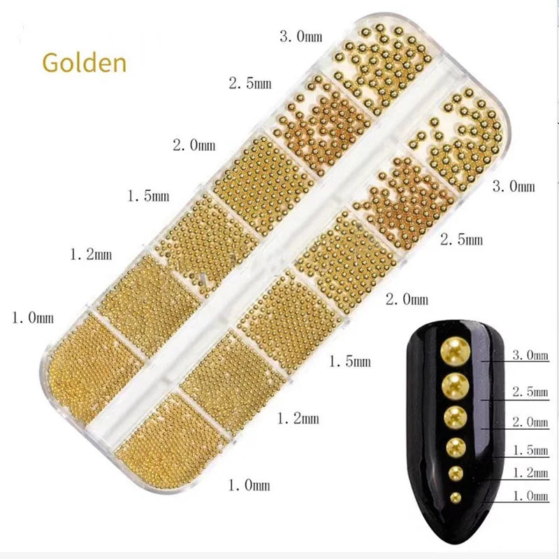 Nail Art Metal Round Beads 0.8–3.0mm Gold Silver | 12-Grid Box Nail Art Beads PRIMED