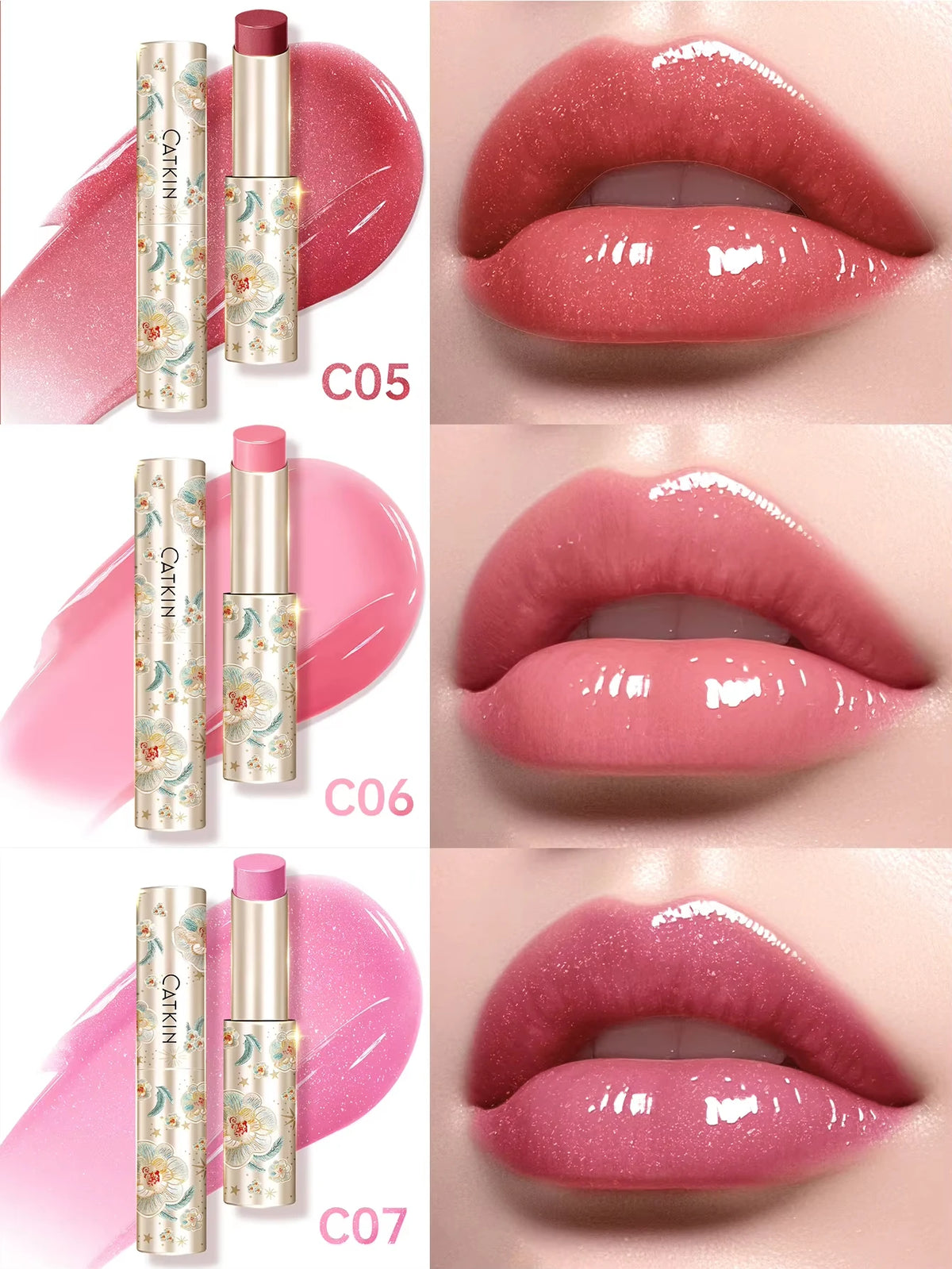 CATKIN 3PCS Glossy Lip Balm Set | Mirror Shine 12H Hydration Lip Balm Set PRIMED C05 C06 C07