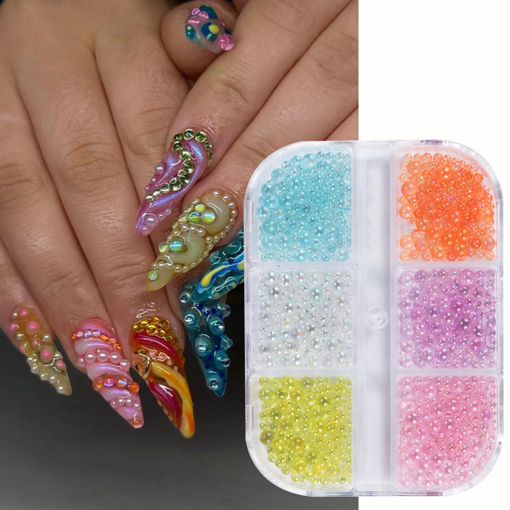 Aurora Iridescent Bubble Beads Nail Charms – 6-Grid Glass Set Nail Art Charms PRIMED