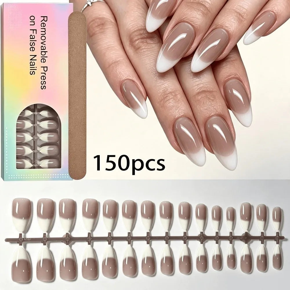 150 Pcs Press On Nails Glossy Almond French Gradient Fake Nails