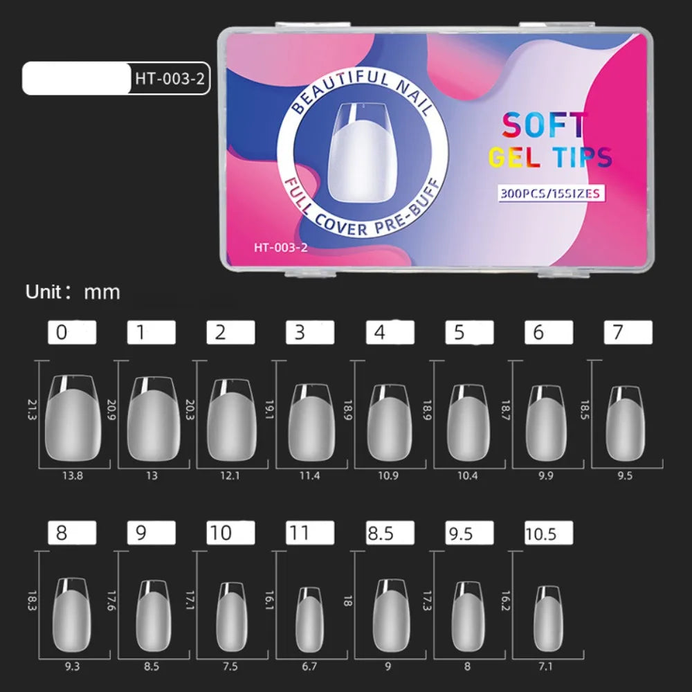 300pcs Short Almond Soft Gel Nail Tips | 15 Sizes Full Cover