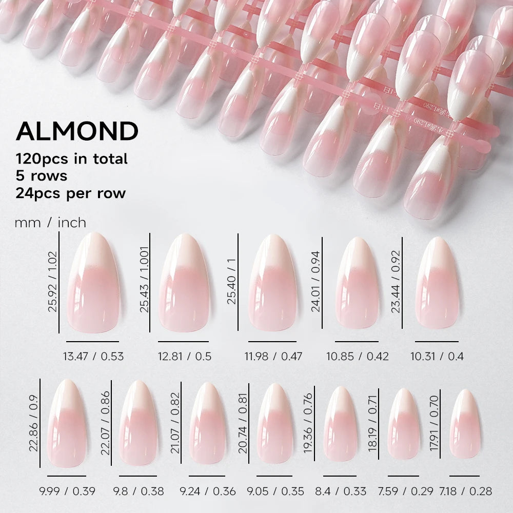 120pcs French Almond Press-On Nails – Nude Pink & White Gradient