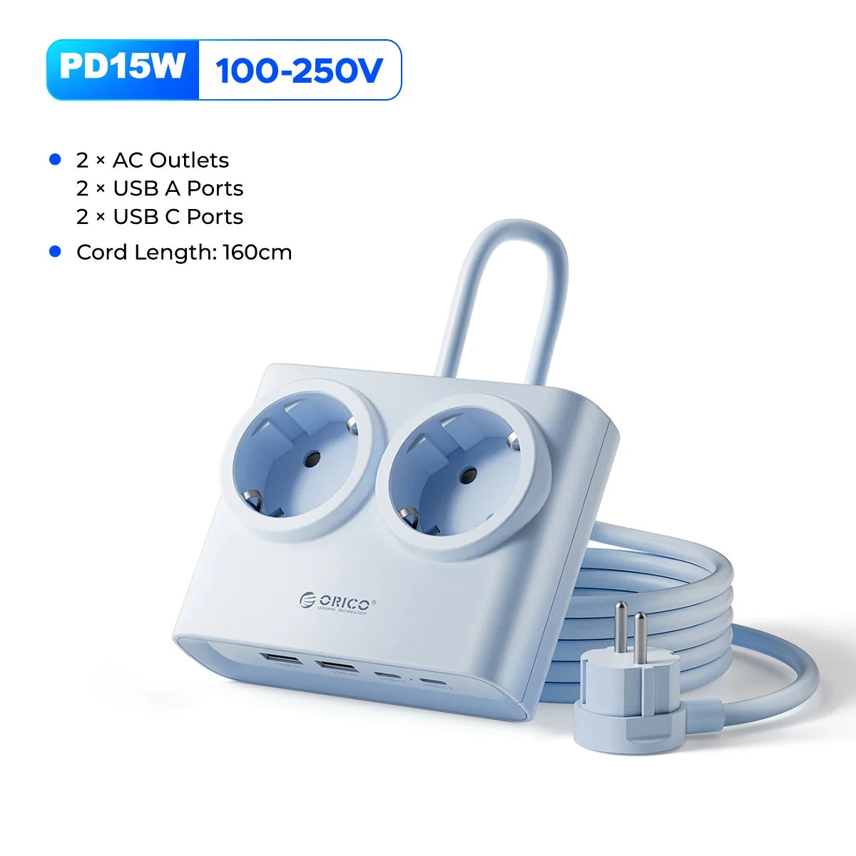 ORICO PD 15W Power Strip 2 USB-C 2 AC 2 USB-A EU Desk Charger Desktop Power Strip PRIMED 15W Blue China Mainland EU Plug