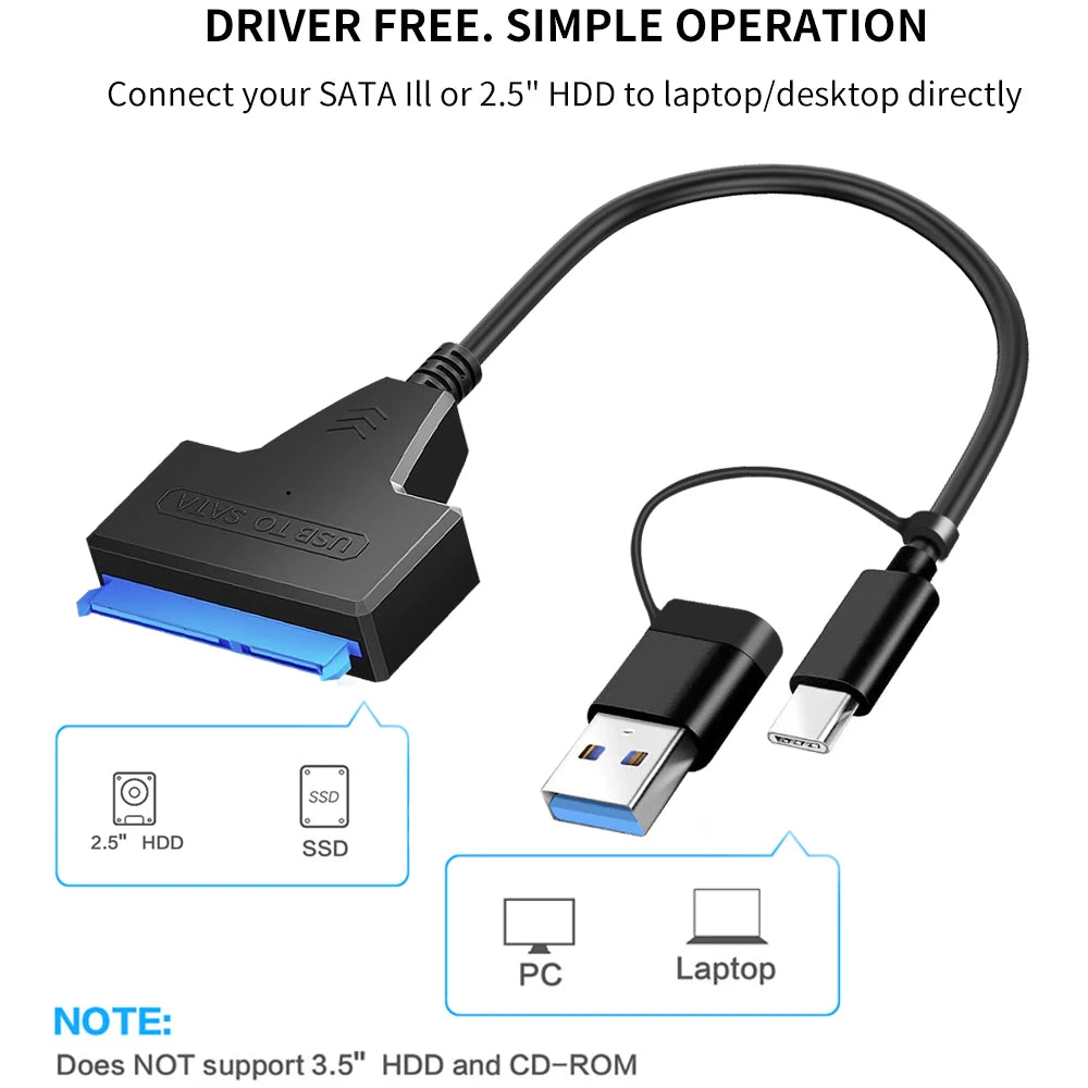 2-in-1 USB 3.0 & USB-C to SATA Cable for 2.5" HDD/SSD SATA Adapter Cable PRIMED