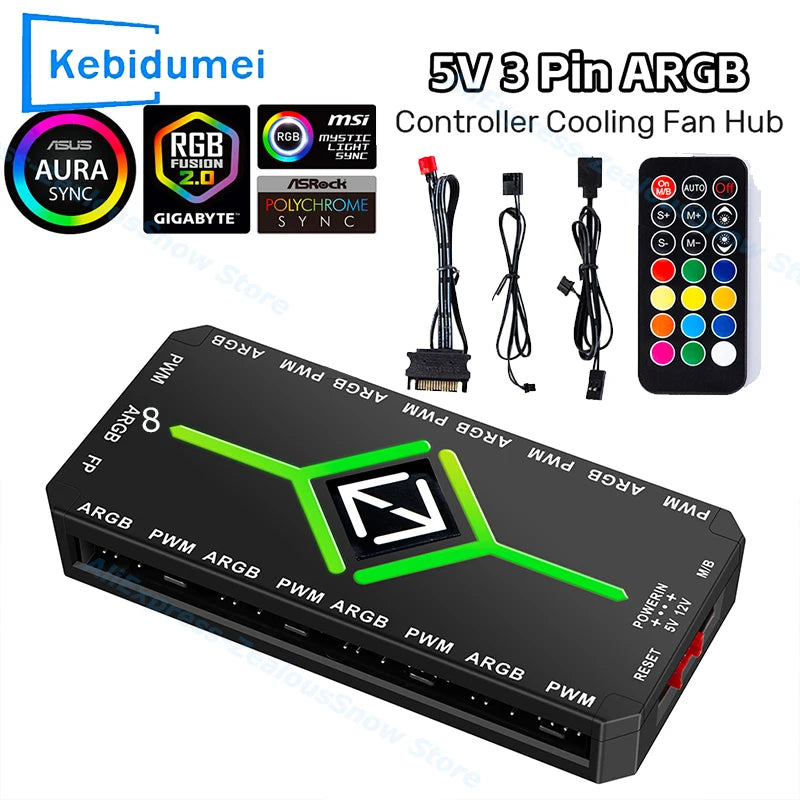 3-in-1 ARGB PWM Fan Hub 1 to 9 Ports – 5V 3-Pin & 4-Pin PC PC Fan Hub Controller PRIMED