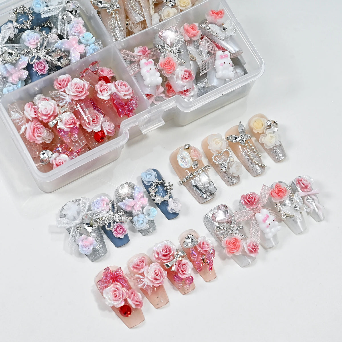 96Pcs Press On Nails Long Coffin Pink Flowers Lace Bows Diamonds