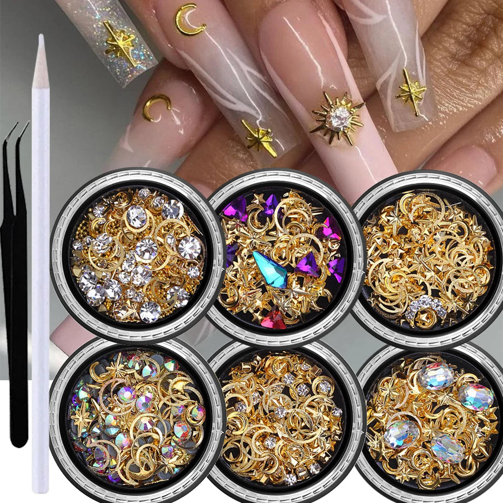6-Box 3D Nail Rhinestones & Charms Set – Star Moon Studs Nail Art Charms PRIMED JS87-S1