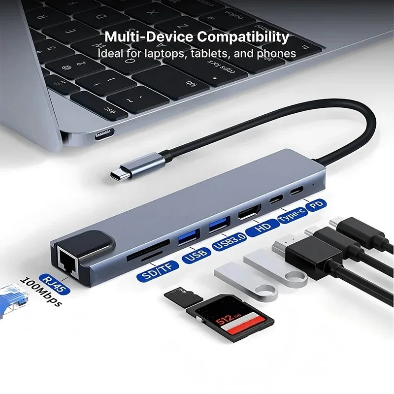 USB-C 8-in-1 Hub | 4K HDMI, RJ45, SD/TF, PD Charging USB-C Multiport Hub PRIMED