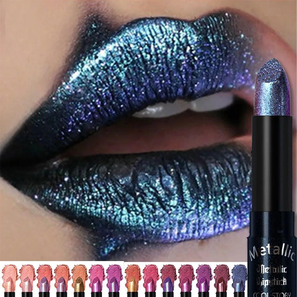 15-Color Metallic Glitter Lipstick – Pearlescent Shimmer Set