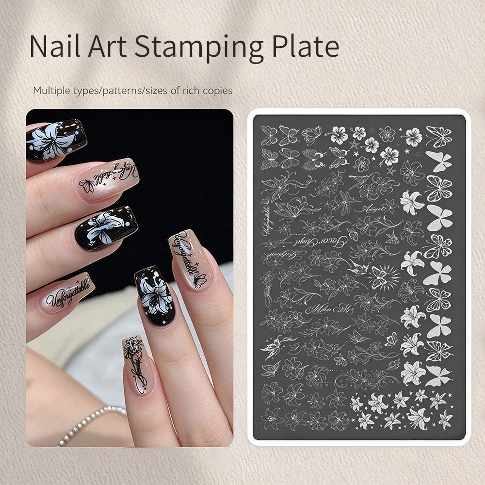 Lily & Butterfly Nail Stamping Plate | Retro Floral Steel Template Nail Stamping Plate PRIMED