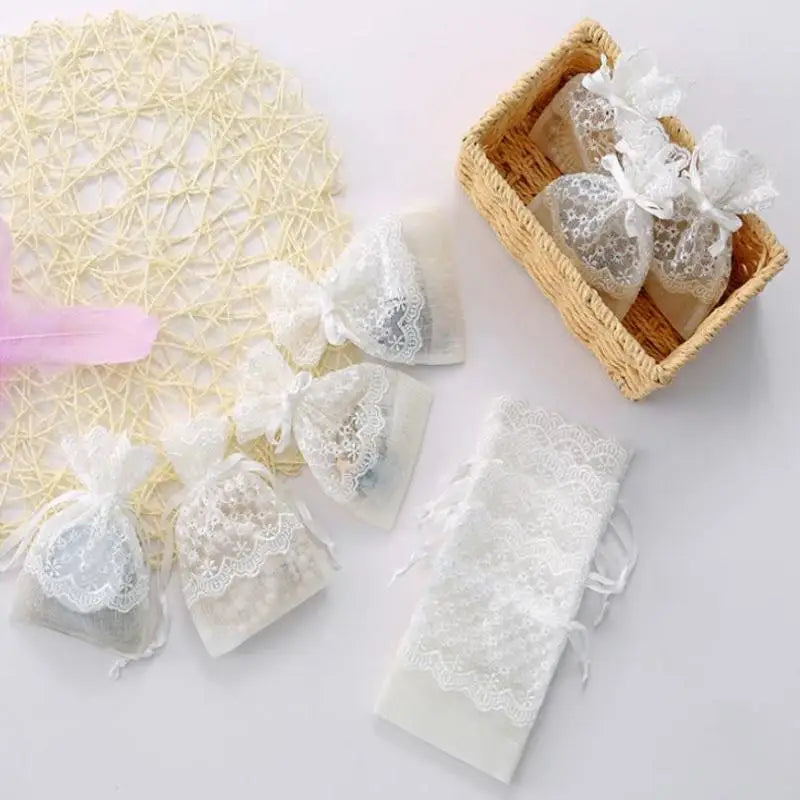 White Gauze Drawstring Gift Bag – Lace Sachet & Jewelry Pouch
