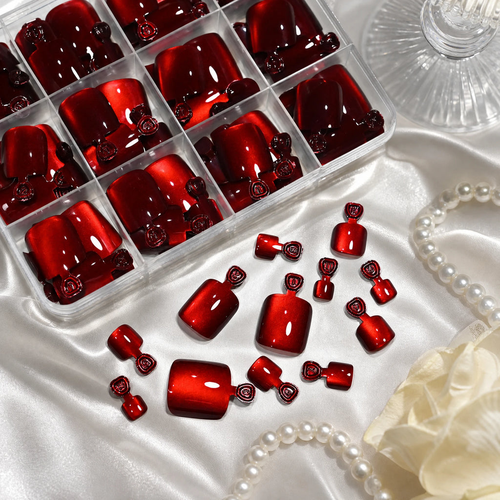 144Pcs Rose Red Cat Eye Press-On Toenails | Short Square Tips Press-On Toenails PRIMED