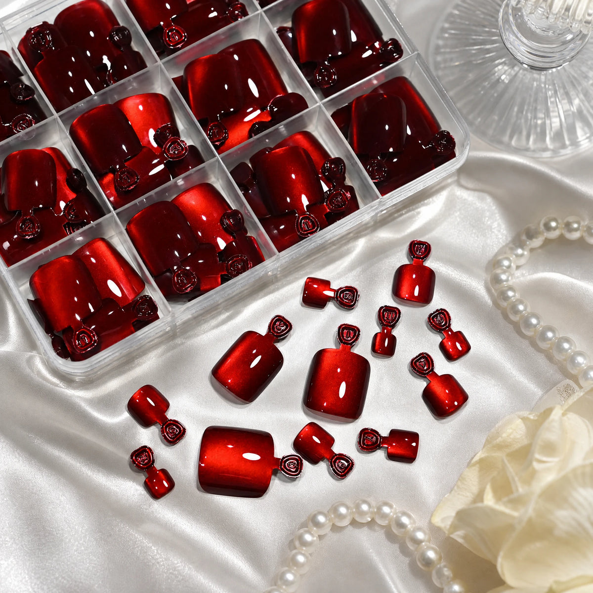 144Pcs Rose Red Cat Eye Press-On Toenails | Short Square Tips