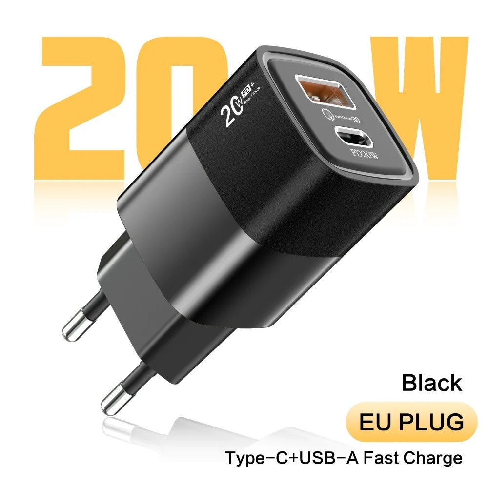 PD 20W USB-C Wall Charger Quick Charge 3.0 EU/US Plug USB-C Wall Charger PRIMED Black EU Plug