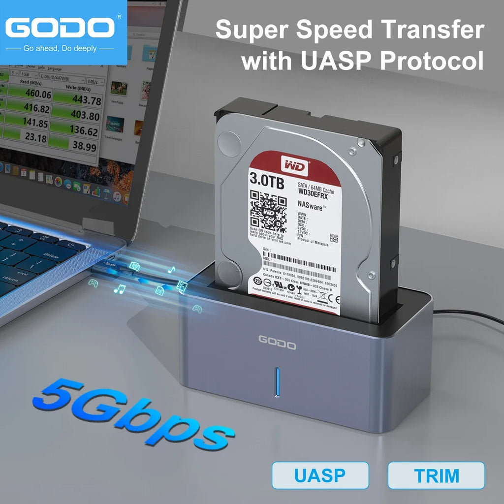 GODO USB 3.0 SAS/SATA Hard Drive Docking Station – 2.5/3.5" Hard Drive Dock PRIMED