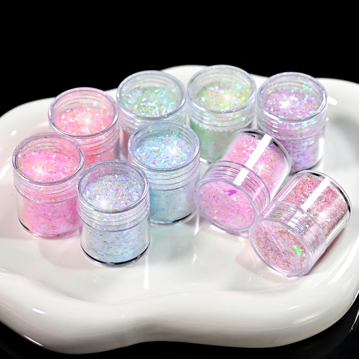 9-Bottle Iridescent Nail Glitter Sequins Set | Mirror Flash Flakes Nail Glitter Set PRIMED