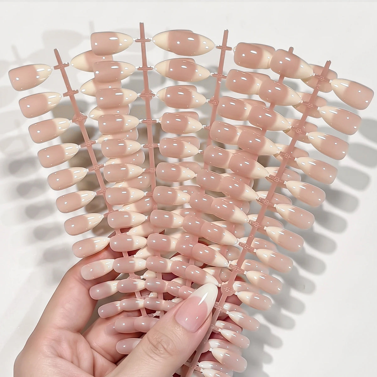 150Pcs Nude Pink Press On Nails – Glossy Almond French Tips