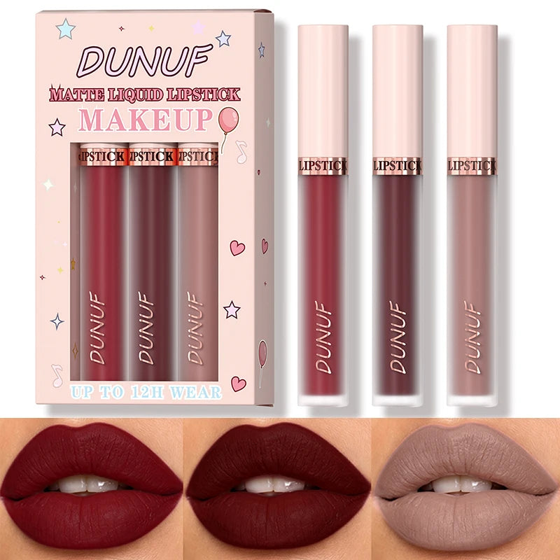 DUNUF 3-Pc Matte Velvet Liquid Lipstick Set – Wine Red & Nude Liquid Lipstick Set PRIMED 3pcs-set 3.5g and 3pcs