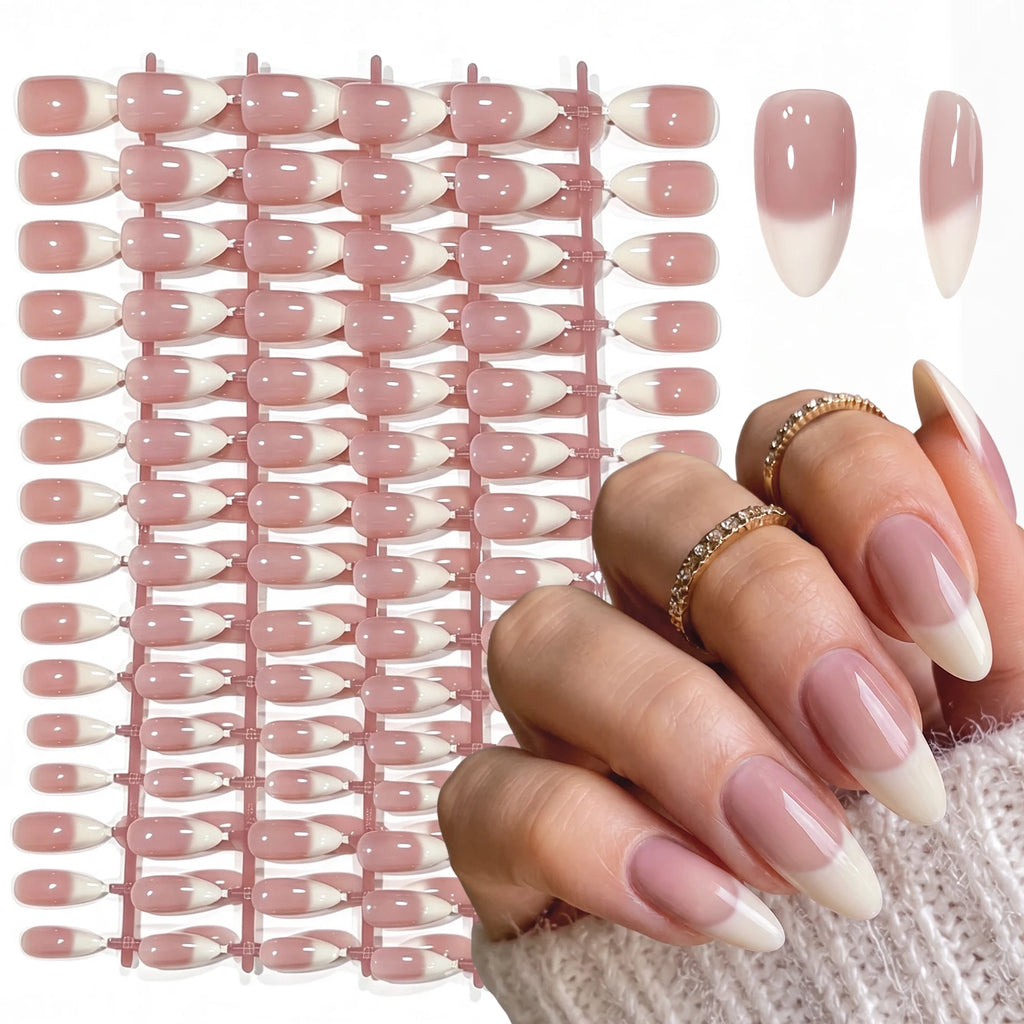 150Pcs Gradient Pink Almond Press On Nails | French White Edge
