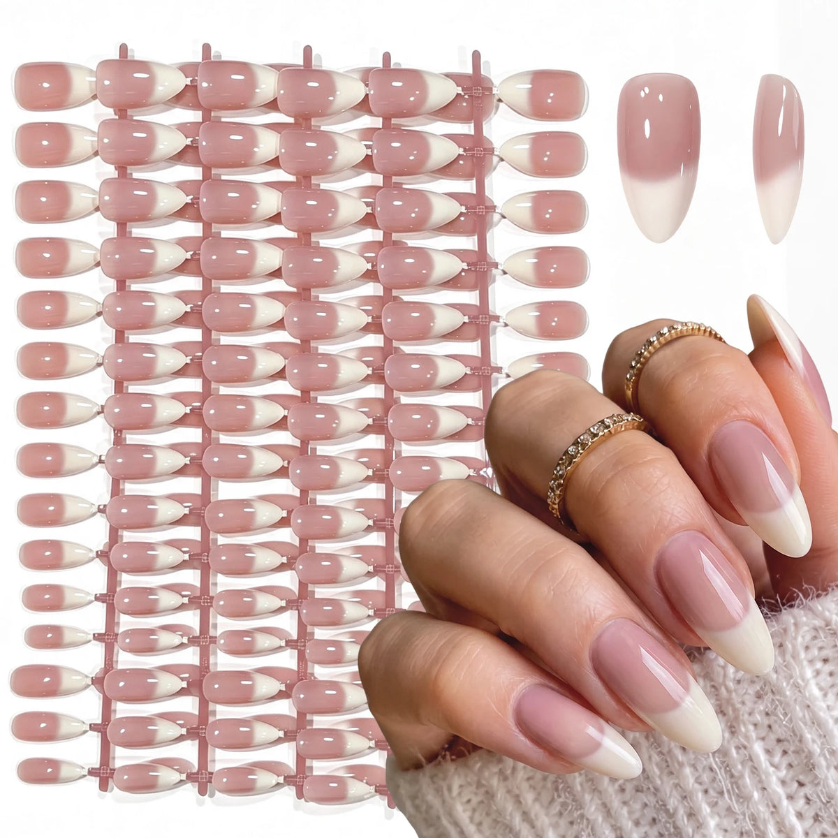 150Pcs Gradient Pink Almond Press On Nails | French White Edge