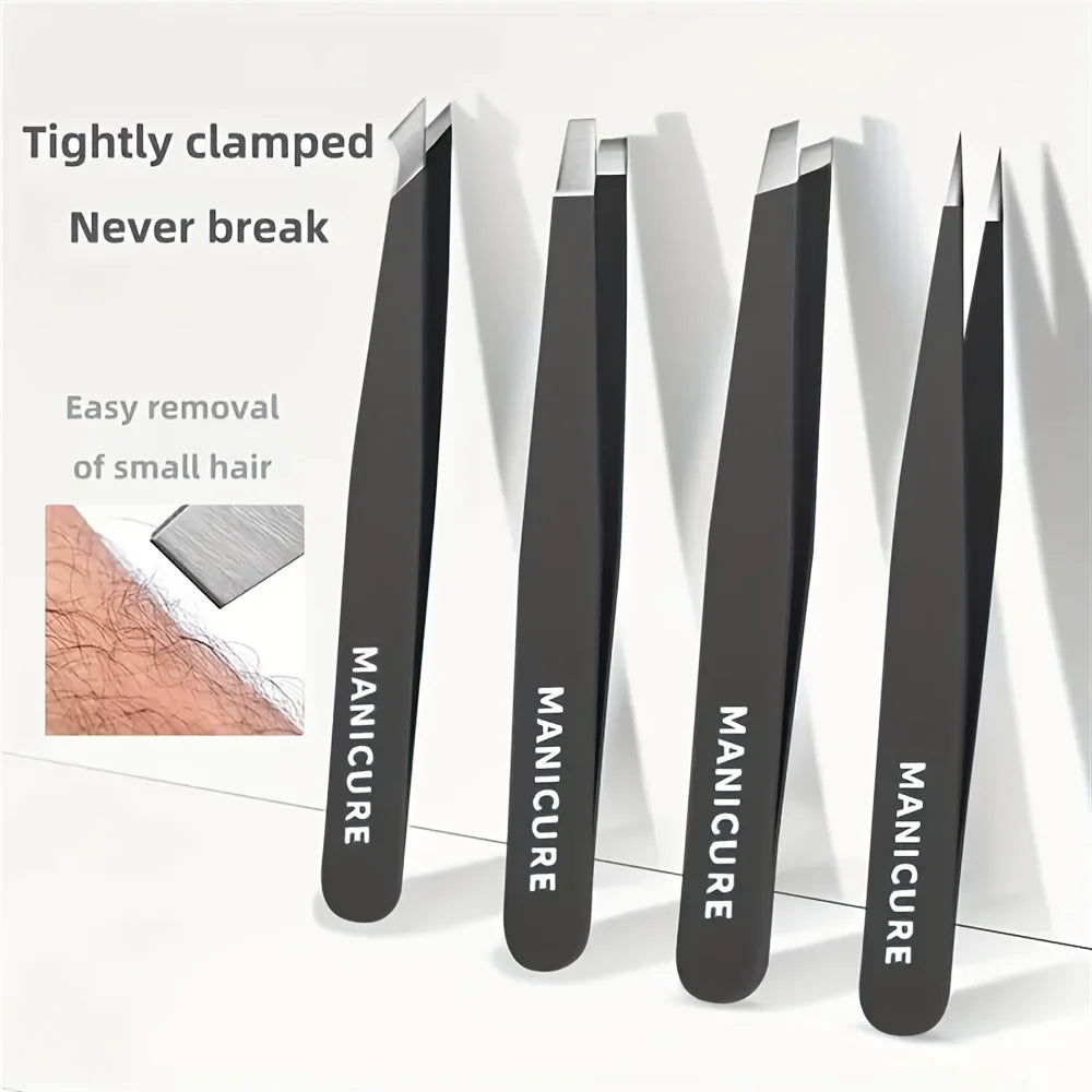 Stainless Steel Tweezer Set – Slant, Point, Flat & Hook Tips Eyebrow Tweezer Set PRIMED