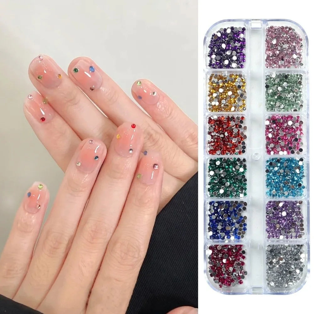 12-Grid Nail Rhinestone Charms – Flatback Crystal Gems Set Nail Art Rhinestones PRIMED