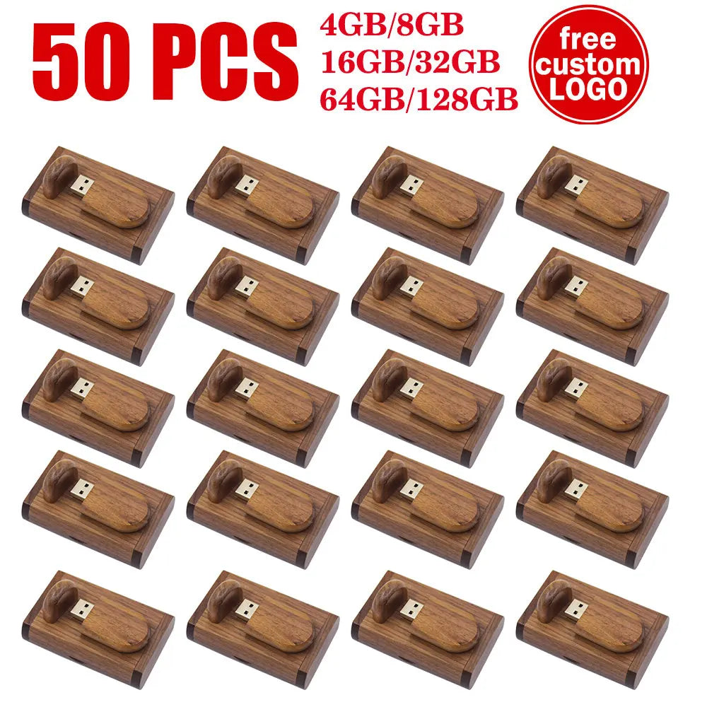 50-Pack Wooden USB Flash Drives 32/64/128GB Custom Logo Gift USB Flash Drive PRIMED